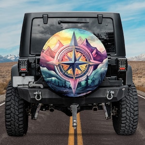 Dynamic Wilderness Guide Vibrant Compass with Mountain Landscape Spare Tire Cover, Gift for Car Lover, RV SUV Tire Cover, Car Accessories