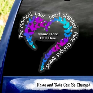 O momento em que seu coração parou, o meu mudou para sempre Decalque de carro memorial personalizado, decalque de família de lembrança, decalque de borboleta de coração para carro