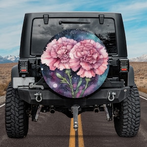 Pink Carnations Galaxy Spare Tire Cover, Custom Tire Cover, Personalized Tire Cover, Gift for Car Lover, RV SUV Tire Cover, Car Accessories