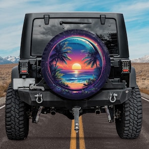Sunset Over Tropical Beach Spare Tire Cover, Tropical Sunsets Spare Tire Cover, Sunrise Over Ocean, Sunset With Waves Spare Tire Cover