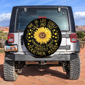 Sunflower Tire Cover, She Is Life Itself Wild And Free Spare Tire Cover With or Without Camera Hole, Spare Tire Cover For Camper, RV, Bronco
