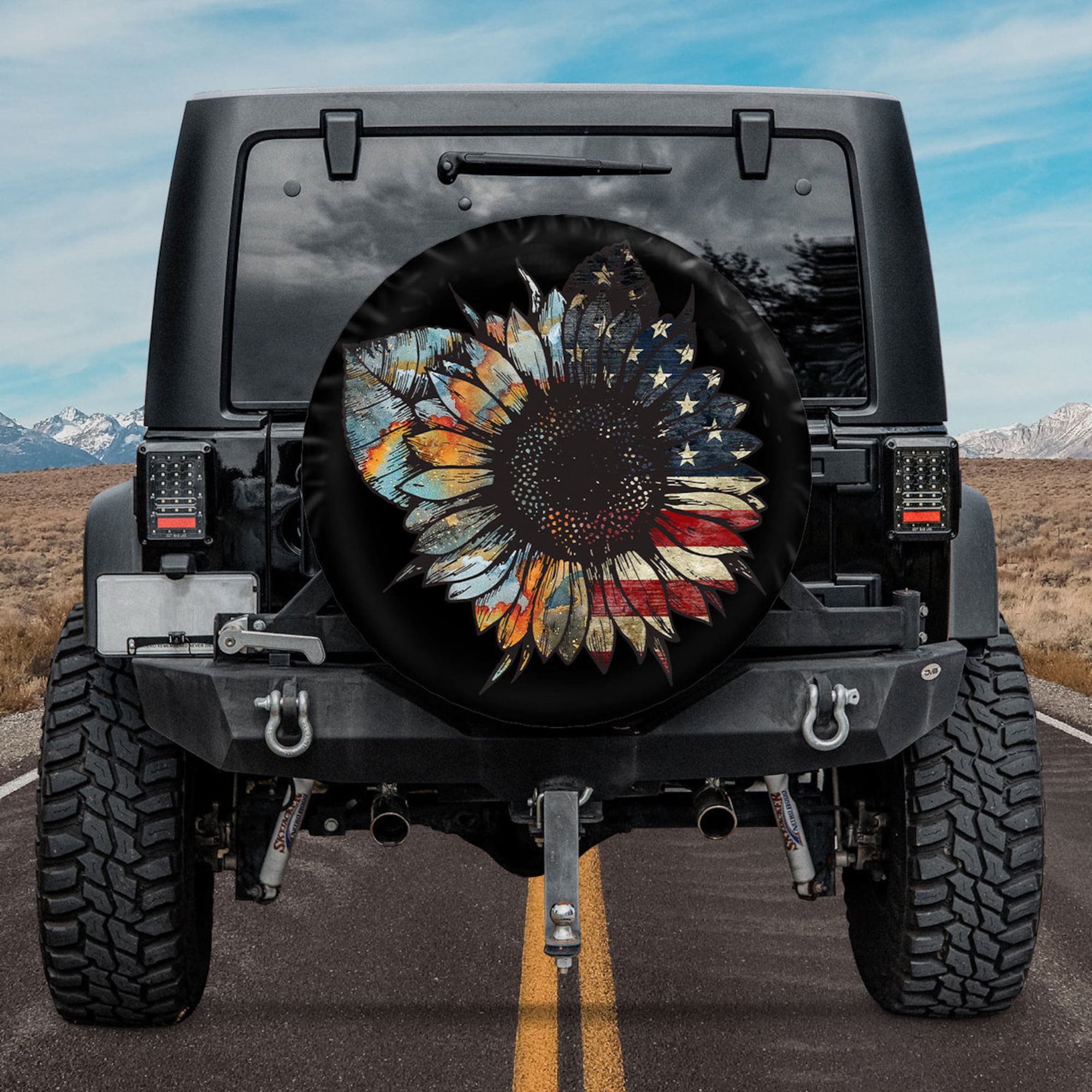 Jeep Tire Cover With Camera Hole, American Sunflower Spare Tire Cover