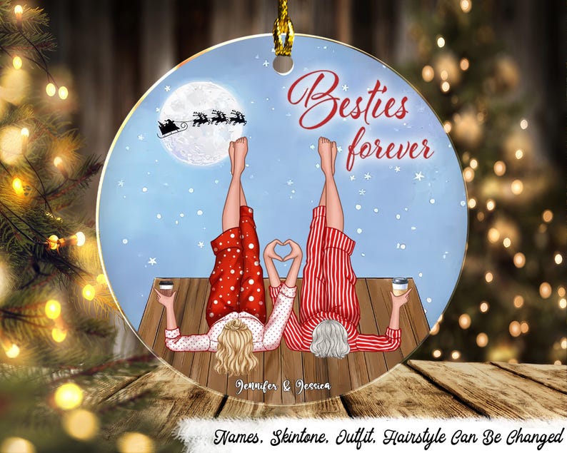 Custom Best Friend Forever Christmas Ornament 2024, Sisters Lying on