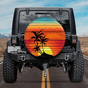 Retro Sunset Palm Trees Spare Tire Cover, Tropical Island Spare Tire Cover, Sunset Summer Spare Tire Cover, Beach Lover Summer Vacation Gift