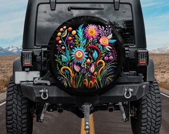 Faux Embroidery Spare Tire Cover, Wildflower Spare Tire Cover, Botanical Spare Tire Cover, Car Accessories For Women Boho, Nature Lover Gift