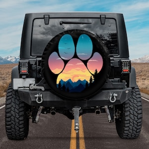 Dog Paw Mountain Scene Spare Tire Cover, Car Spare Tire Cover Paw Print, Mountain Landscape Spare Tire Cover Camper, Gift For Dog Mom, Dad