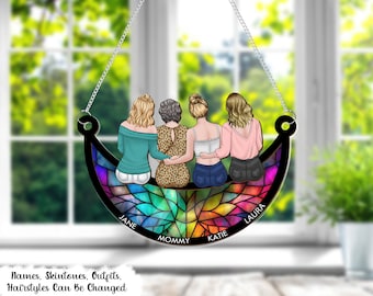 Personalisierte Fenster hängende Suncatcher-Verzierung, Mutter, Kinder, die auf dem Mond sitzen, Muttertagsgeschenke von Kindern, Schwiegertochter, Sohn, Ehemann