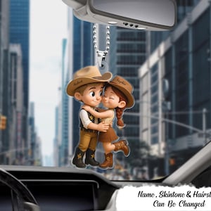 Cartoon Style Countryside Couple Cowboy Cowgirl Personalized Car Hanger Ornament, Mirror Car Hanger, First Car Gift For Her, Gift For Him