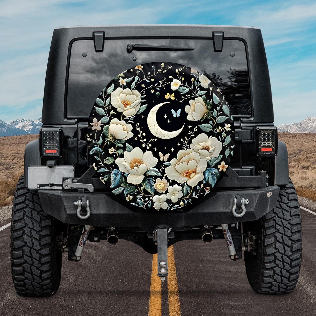 Floral Crescent Moon Spare Tire Cover, Crescent Moon and Wildflower ...