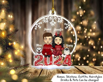 Couple And Pet Ornament, Dog Ornament, Couple With Dog Ornament, Couple Christmas Ornament 2024, Gift For Dog Cat Owners, Pet Lovers