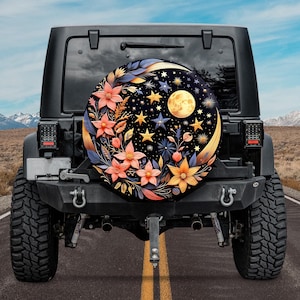 Moon Wild Flowers Spare Tire Cover, Boho Floral Moon Spare Tire Cover, Moon And Flower Night Sky Spare Tire Cover, Nature Lover Gift For Her