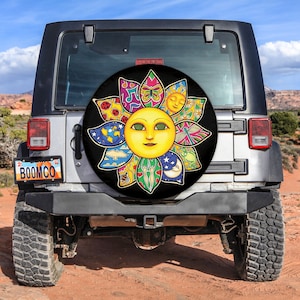 Divertidas cubiertas de llantas de repuesto, cubierta de llanta de repuesto multicolor Sun Moon con o sin orificio de cámara, cubierta de llanta de repuesto para automóviles, CRV, Camper, Retro