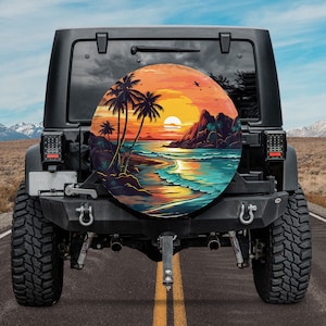 Palm Tree Beach Sunset Landscape Spare Tire Cover, Retro Tropical Sunset Summer Spare Tire Cover, Summer Holiday Gift, Summer Vacation Gift