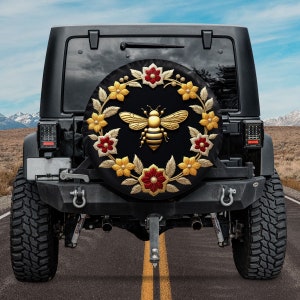 Faux Embroidery Bee And Garland Edge Spare Tire Cover, Bee With Flowers Spare Tire Cover, Bee And Bloom Spare Tire Cover, Spring Vibes