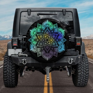 Sunflower Tire Cover, Watercolor Mandala Sacred Geometry Spare Tire Cover With or Without Camera Hole, Tire Cover For Car, Camping Lover