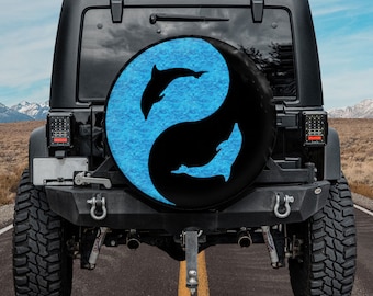 Dolphin Sign Spare Tire Cover With Or Without Back Camera Hole, Yin Yang Spare Tire Cover, Beach Lover Gift, Car Accessories For Women Boho