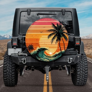 Palm Paradise Sunset Spare Tire Cover, Tropical Sunsets Spare Tire Cover, Beach Landscape Spare Tire Cover, Sun And Waves Spare Tire Cover