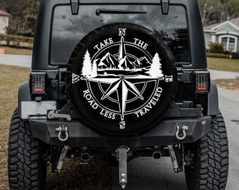 Take The Road Less Traveled Spare Tire Cover With Or Without Camera Hole, Mountain Compass Spare Tire Cover,Camping Hiking Gifts For Friends