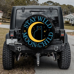 Stay Wild Moon Cubierta de llanta de repuesto para niños con o sin orificio para cámara, Gato negro con llanta de cubierta de repuesto de luna, Accesorios para automóviles para mujeres Boho
