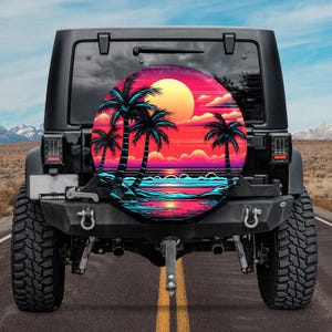 Sunset At The Beach Spare Tire Cover, Palm Trees Beach Retro Sunset Spare Tire Cover, Vacation Spare Tire Cover, Optional Rear Camera Hole