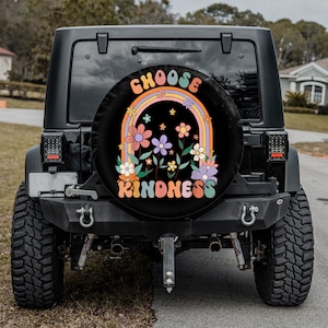 Choose Kindness Rainbow Wildflowers Spare Tire Cover, Retro Groovy 70s Spare Tire Cover, Backup Camera Hole,Botanical Floral Car Accessories