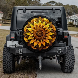 Sunflower Mandala Spare Tire Cover With Or Without Camera Hole, Camping Camper Spare Tire Cover, Colorful Mandala Pattern Spare Tire Cover