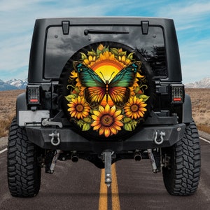 Cute Sunflower and Butterfly Journey Design Spare Tire Cover, Custom Tire Cover, Gift for Car Lover, RV SUV Tire Cover, Car Accessories