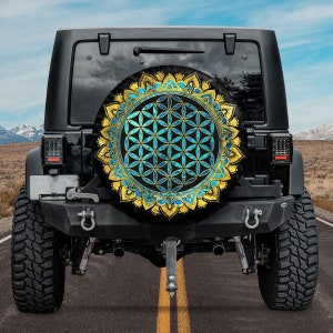 Flower Of Life Gold And Blue Spare Tire Cover, Colorful Sunflower Mandala Pattern Spare Tire Cover, Retro Boho Car Accessories For Women