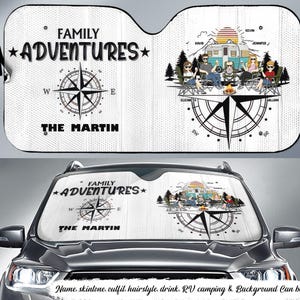 Family Adventures Camping, Personalized Auto Sun Shade For Car, Custom Car Sun Shade, Windshield Sun Shade, Window Shade, Car Windshield