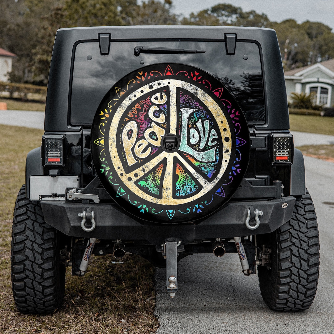 Peace Love Sign Spare Tire Cover With or Without Camera Hole, Hippie