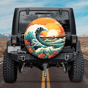 Tropical Paradise Wave Spare Tire Cover, Hawaiian Beach Scene Spare Tire Cover, Ocean Waves, Palm Tree, Sunset Beach Spare Tire Cover Camper