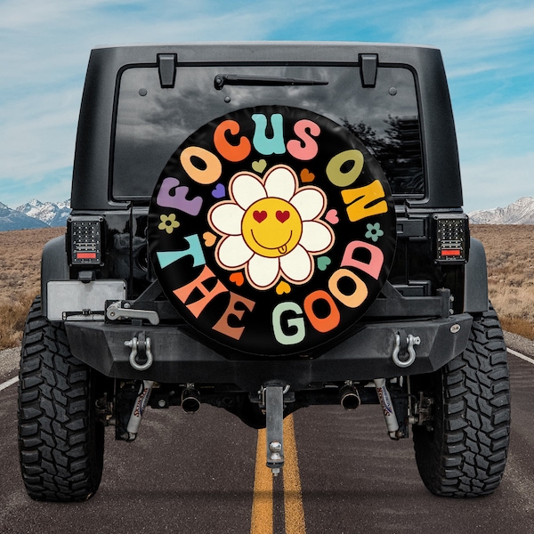 Focus On The Good Spare Tire Cover With Or Without Camera Hole, Sunflower Smiley Face Spare Tire Cover, Boho Hippie Gifts, Gift For Her