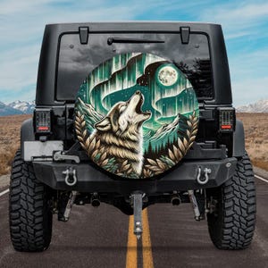 Howling Wolf Aurora Borealis Spare Tire Cover, Mystical Aurora Spare Tire Cover, Northern Lights Wolf Spare Tire Cover, Animal Lover Gift