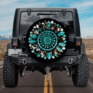 Sunflower Spare Tire Cover, Blue Cowhide Gemstones Spare Tire Cover With or Without Camera Hole, Tire Cover For Car, Gift For New Car Owner