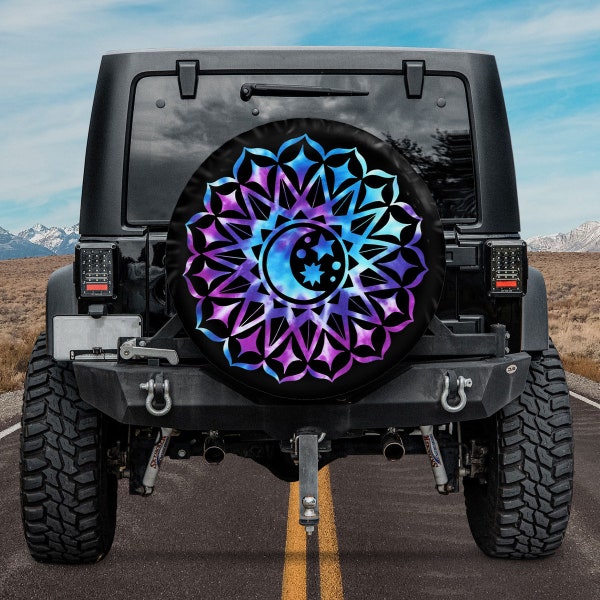 Spare Tire Cover For Camper, Mandala Moon Stars Blue Purple Spare Tire Cover With or Without Camera Hole, Tire Cover For Car, RV, Camping