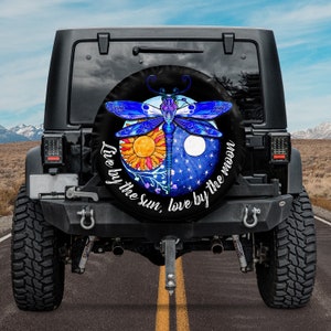 Live By The Sun Love By The Moon Spare Tire Cover, Sun And Moon With Dragonflies, Dragonfly Flower Spare Tire Cover, Gift For Her Birthday
