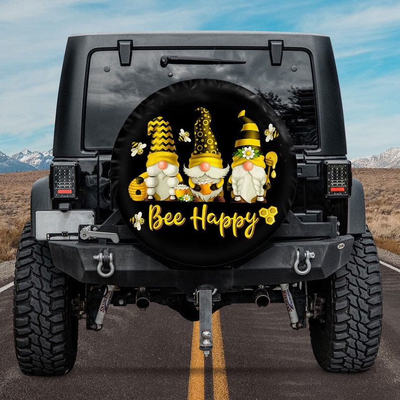 Bee Happy Spare Tire Cover With Bumble Bee Gnomes, Honeybee Positive