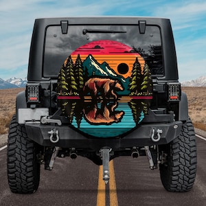 Retro Sunset Bear Reflection Spare Tire Cover, Gift For Wildlife Lover, For Nature Lover, Outdoor Enthusiast, Christmas Gift, New Years Gift