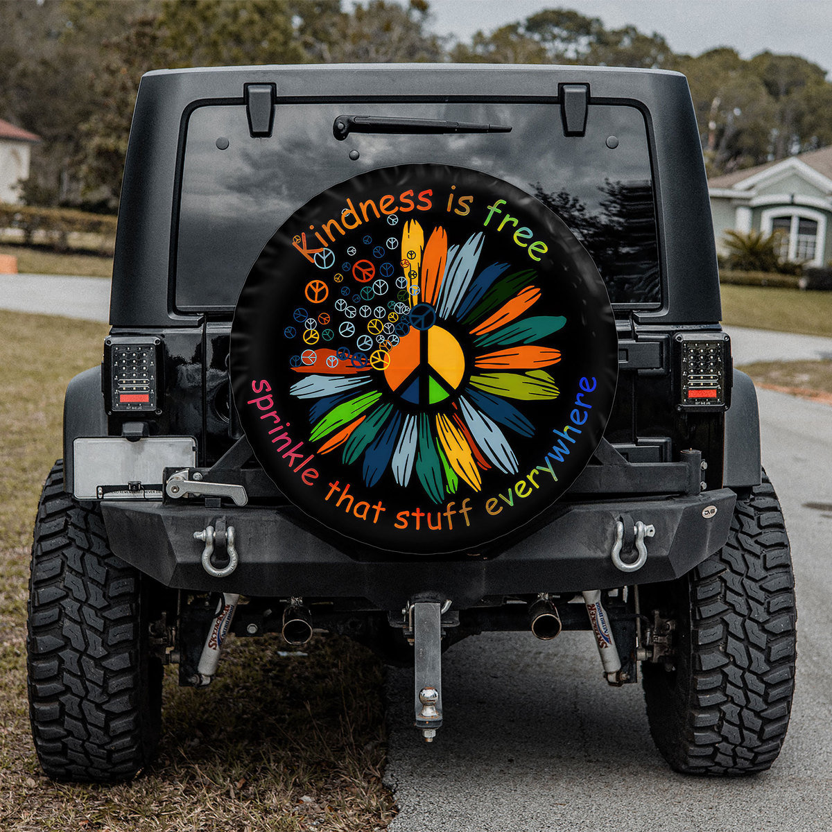 Kindness Is Free Sprinkle It Everywhere Spare Tire Cover With Or Without Camera Hole, Peace Sign Flower Spare Tire Cover For Camp Trailer