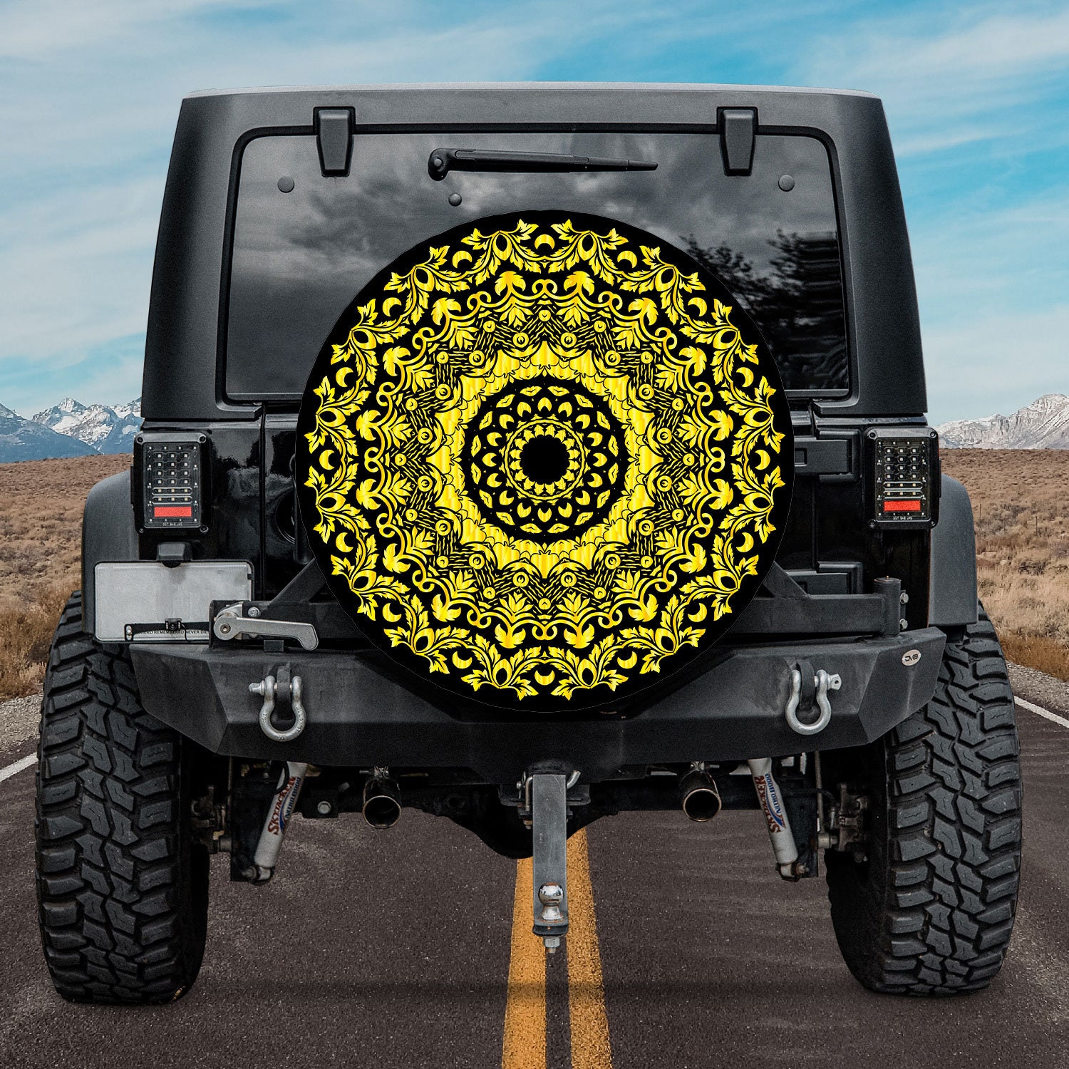 Discover Sunflower Spare Tire Cover, Gold Yellow Bohemian Mandala Spare Tire Cover