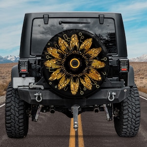 Boho Sunflower Mandala Pattern Spare Tire Cover, Custom Personalized Tire Cover, Gift for Car Lover, RV SUV Tire Cover, Car Accessories