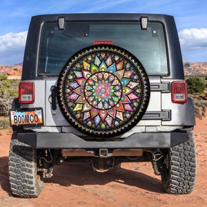 Sunflower Tire Cover, Geometric Colorful Mandala Spare Tire Cover With or Without Camera Hole, Tire Cover For Camper, Bronco, Trailers, CRV