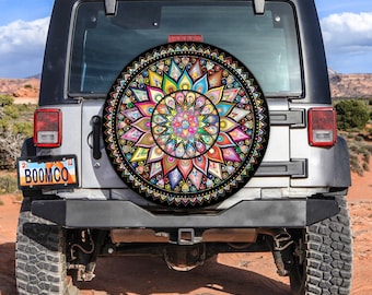 Sunflower Tire Cover, Geometric Colorful Mandala Spare Tire Cover With or Without Camera Hole, Tire Cover For Camper, Bronco, Trailers, CRV