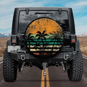 Sunset Palm Trees Beach Spare Tire Cover, Summer Vibes, Retro Tropical Spare Tire Cover, Ocean Sunrise Spare Tire Cover, Gift For Travels