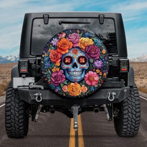 Floral Skull Spare Tire Cover, Skull With Flowers Spare Tire Cover, Floral Skeleton Spare Tire Cover, Gothic Decor, Mexican Gifts For Women