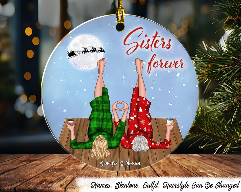Custom Best Friend Forever Christmas Ornament 2024, Sisters Lying on