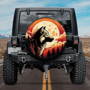 Wolf Against An Orange Forest Sunset Spare Tire Cover, Call Of The Wild Spare Tire Cover, Howling Wolf Spare Tire Cover, Wolf Lover Gift