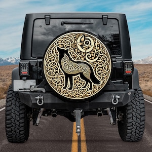 Celtic Wolf Howling Spare Tire Cover, Fenrir Spare Tire Cover, Viking Wolf Spare Tire Cover, Celtic Knot, Norse Mythology Spare Tire Cover