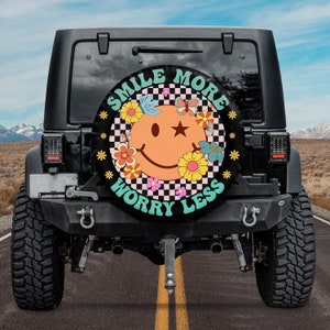Smile More Worry Less Spare Tire Cover With Or Without Camera Hole, Flower Smiley Face Tire Cover, Retro Groovy Tire Cover, Boho Car Decor