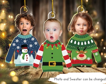Custom Kid&#39;s Face Christmas Ornament Gift For Grandparents, Personalized Acrylic Ornament, Custom Photo Funny Kid In Christmas Ugly Sweater